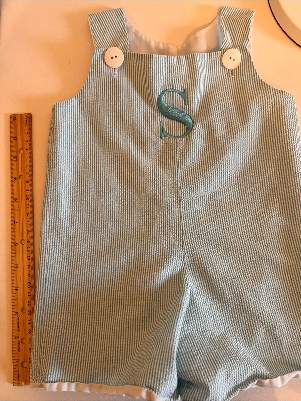 Light Blue Seersucker Romper with Monogram Boy or Girl